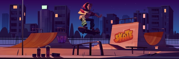 Skate Park Scene: Boy Riding Skateboard at Night – Free Stock Photo for Download