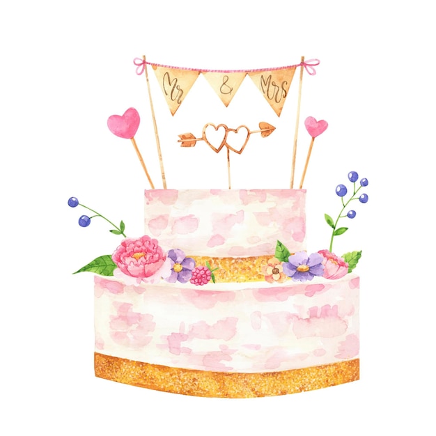 Hand Painted Watercolor Wedding Cake with Topper – Free to Download