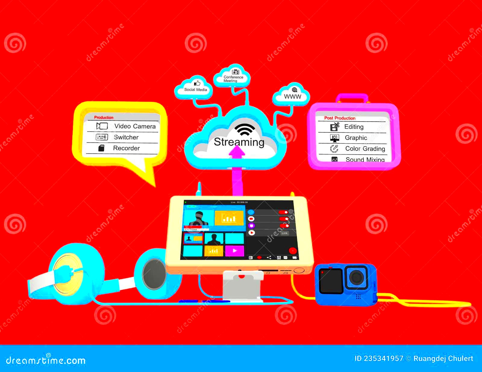 Video Production Workflow and Live Streaming Concept Stock Illustration