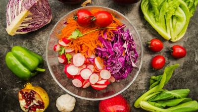 Fresh Salad in Glass Bowl Surrounded by Vegetables and Fruits – Free Download
