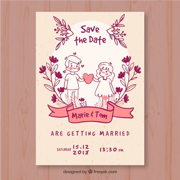Hand Drawn Characters Wedding Card Template – Free Download