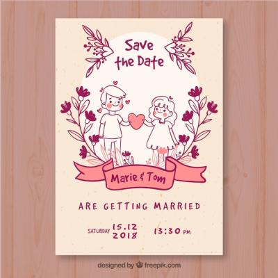 Hand Drawn Characters Wedding Card Template – Free Download