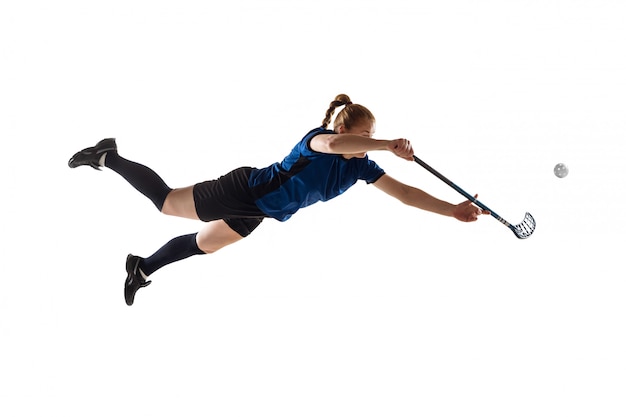 Female Floorball Player in Action on White Background – Free Download