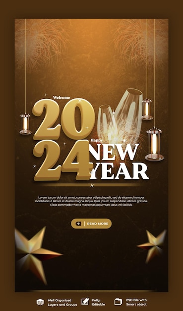 Happy New Year 2024 Celebration Story Post Design and Banner Template – Free Download