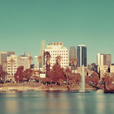 Downtown Los Angeles Park View with Water Reflections – Free Download