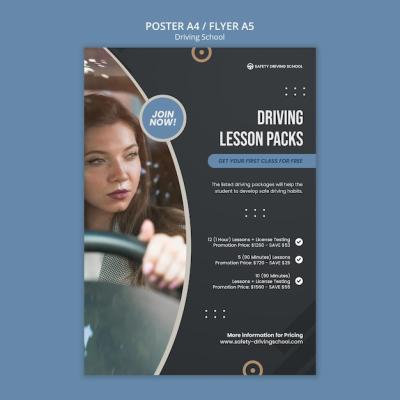 Vertical Poster Template for Driving School Featuring Female Driver in Car – Free Download