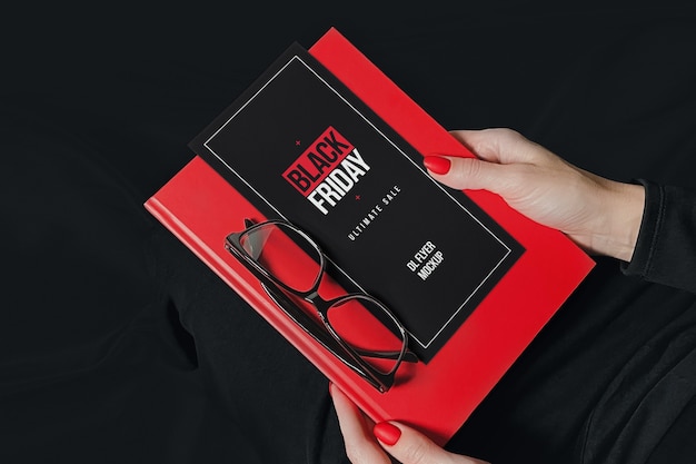 Promotional Flyer Mockup Featuring Notebook and Glasses in Woman’s Hands – Free Download