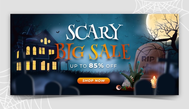 Realistic Horizontal Halloween Sale Banner Template – Free Download