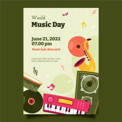 Hand-Drawn Flat Poster or Flyer for World Music Day – Free Download