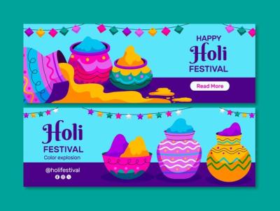 Flat Horizontal Banner Template for Holi Festival Celebration – Free Download