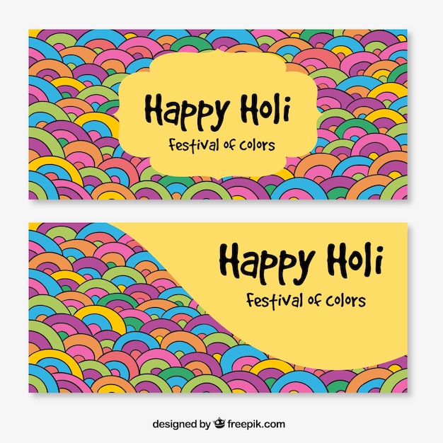 Hand-drawn Holi Festival Banners Featuring Colorful Geometric Shapes – Free to Download