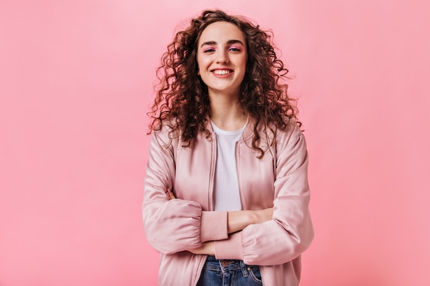 Beautiful Woman in Silk Jacket on Pink Background – Free Stock Photo Download