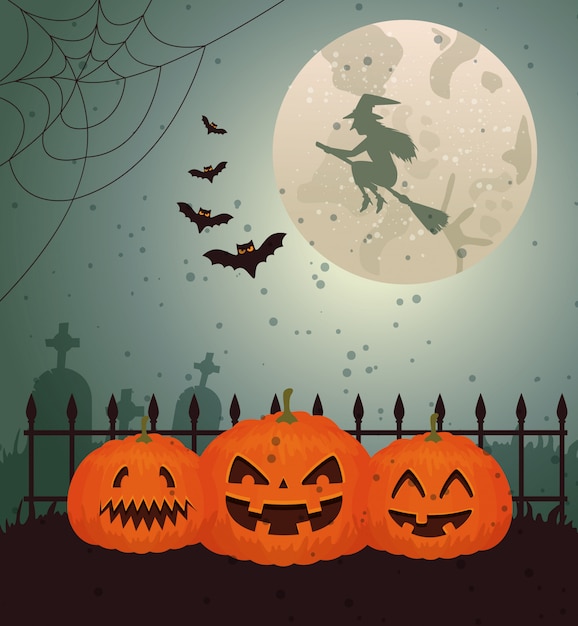 Halloween Witch Over Moon and Cemetery Vector Template – Free Download