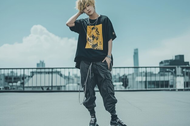 A Young Person in Casual Streetwear Poses Confidently on a Rooftop – Free to Download