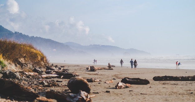 Scenic Beach View with People Walking and Majestic Mountains in the Background – Free Download