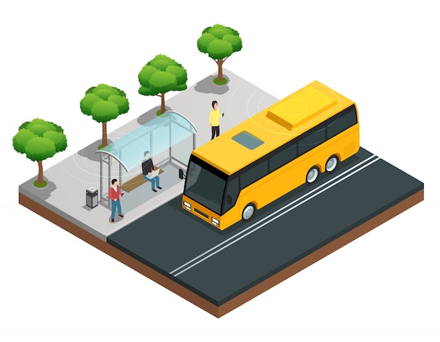 Isometric City Wireless Communication Concept Featuring People at a Bus Stop – Free Download