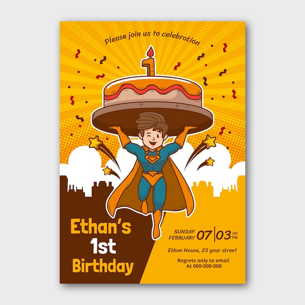 Hand Drawn Superhero Birthday Invitation Template – Free Download