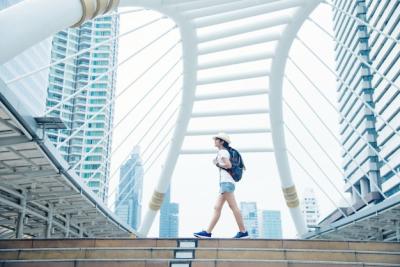 Happy Smiling Asian Student Girl with Backpack in City Background – Free Download