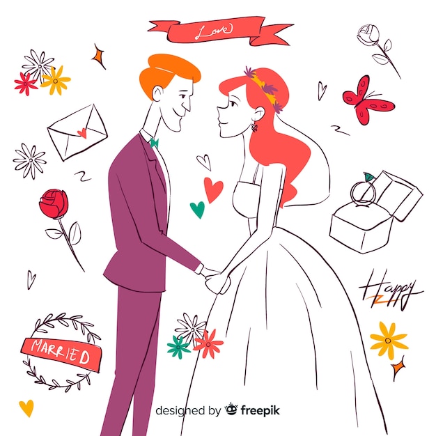 Hand Drawn Wedding Couple with Ornaments – Download Free Stock Photo