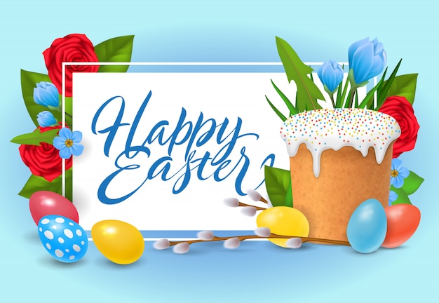 Happy Easter Lettering with Colorful Eggs – Free Download