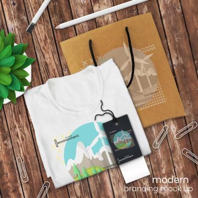 T-Shirt Logo and Shopping Bag Mockup on Rustic Wooden Table with Sales Tag and Decor – Free Download