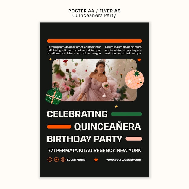 QuinceaÃ±era Party Poster Template in Flat Design – Free Download