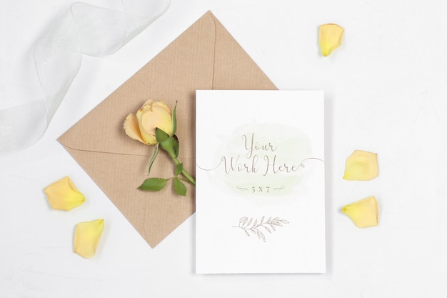 Mockup Invitation Card with Envelope, Rose and Petals – Free to Download