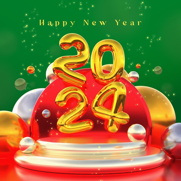 Beautiful and Realistic Happy New Year 2024 Banner Template with 3D Elements – Free Download