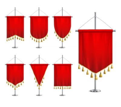 Satin Red Pennants with Golden Tassel Fringe on Steel Spire Pedestal – Free Stock Photo Download