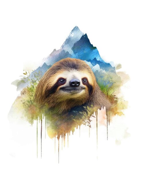 Sloth Double Exposure with Nature Mountains and Trees in Watercolor Art – Free Download