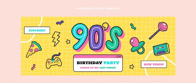 Hand Drawn 90s Birthday Facebook Cover – Download Free Stock Photo