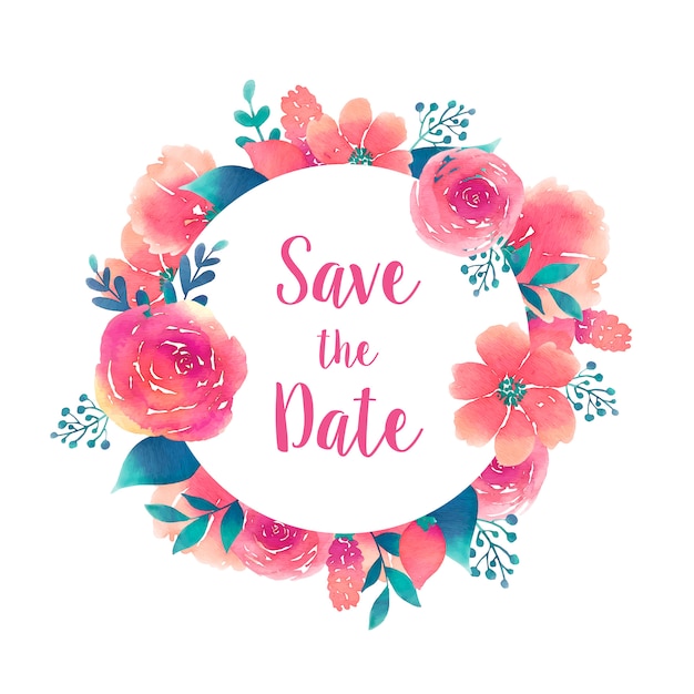 Round Frame with Watercolor Flowers Element for Save the Date – Free Download