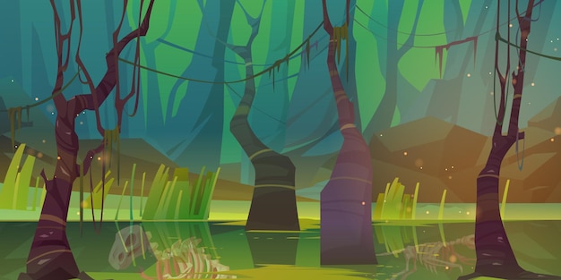 Swamp in Forest Featuring Dinosaur Skeleton Fossils – Free Download