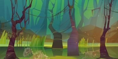 Swamp in Forest Featuring Dinosaur Skeleton Fossils – Free Download