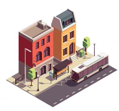 Isometric Townhouse Buildings with Outdoor Bus Stop and City Street – Free Download