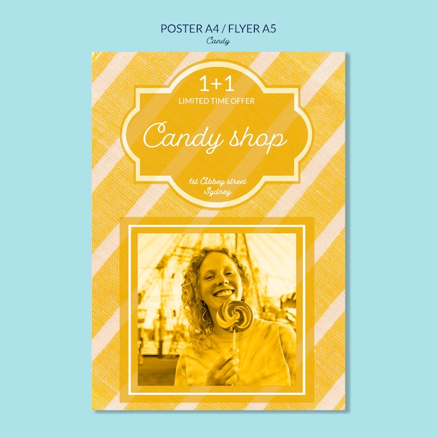 Poster Design for Candy Shop Featuring a Woman with a Lollipop – Free Download