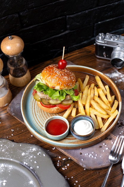 Delicious Side View of a Chicken Burger with Pickles, Tomatoes, and French Fries – Free Download