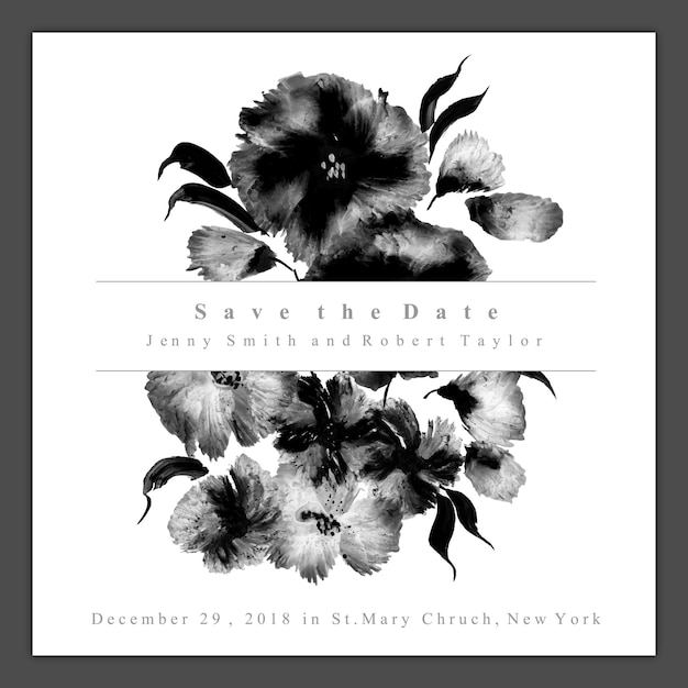 Watercolor Black and White Floral Wedding Invitation Card – Free Download