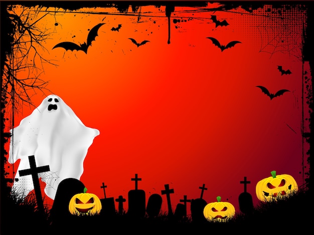 Grunge Halloween Background Featuring Evil Pumpkins and Scary Ghost – Free Download