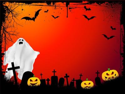 Grunge Halloween Background Featuring Evil Pumpkins and Scary Ghost – Free Download