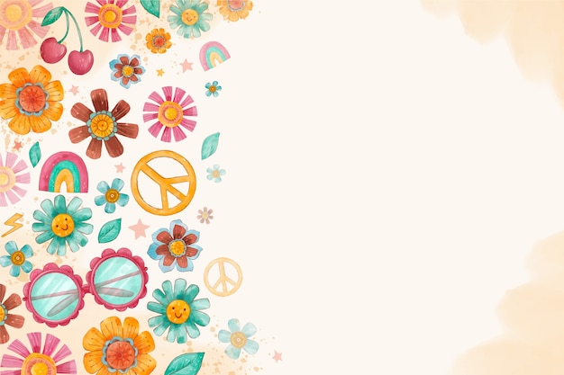 60’s and 70’s Style Watercolor Background with Flowers and Peace Sign – Free Download