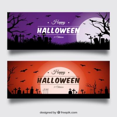 Purple and Red Banners Featuring a Halloween Moon – Free to Download