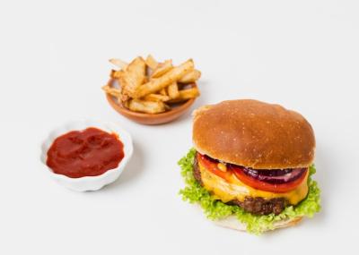 Burger with Fries and Ketchup on White Table – Free to Download