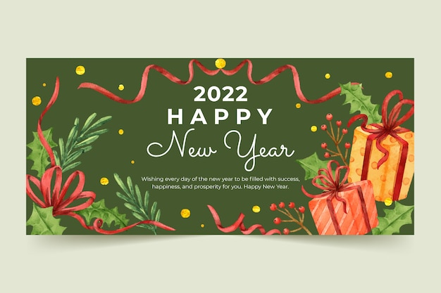 Watercolor Happy New Year 2022 Horizontal Banner – Free Download