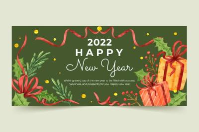 Watercolor Happy New Year 2022 Horizontal Banner – Free Download