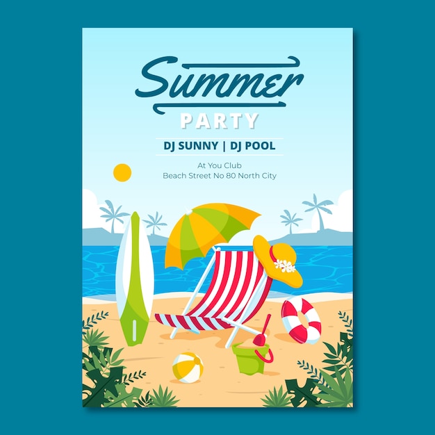 Flat Party Poster Template for Summertime – Free Download