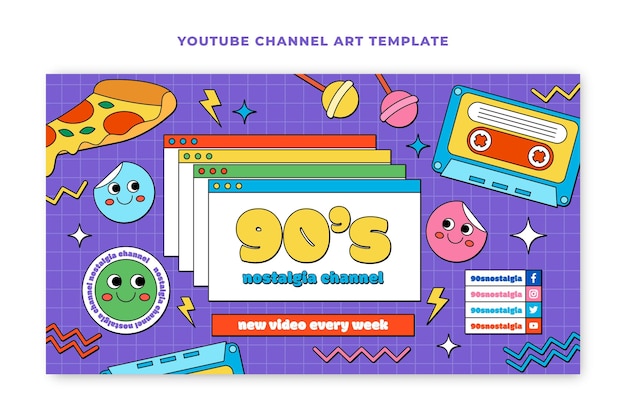 Hand Drawn Flat Nostalgic 90’s YouTube Channel Art – Free Download