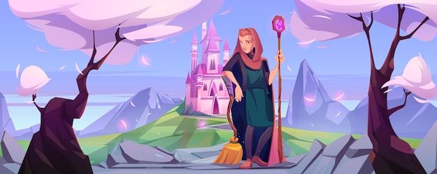 Man Wizard with Magic Staff on Road to Pink Castle – Free Download