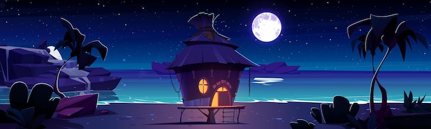 Cartoon Vector Landscape of a Small House with a Straw Roof Under Moonlight | Free Stock Photo Download