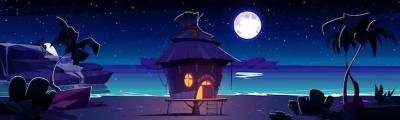 Cartoon Vector Landscape of a Small House with a Straw Roof Under Moonlight | Free Stock Photo Download